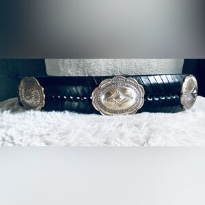 Woven Black Leather Belt with Large Silver Concho Accents Shnazi Buckle & Tip
